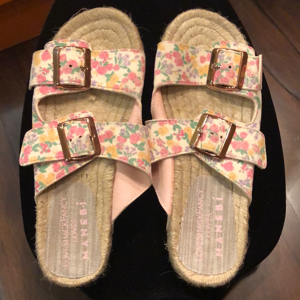 💖 LoveShackFancy Manebi double buckle floral rope wrapped, rubber sole sandals